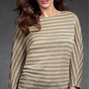 CAbi Tan and Gray Striped Boat Neck Long Sleeve